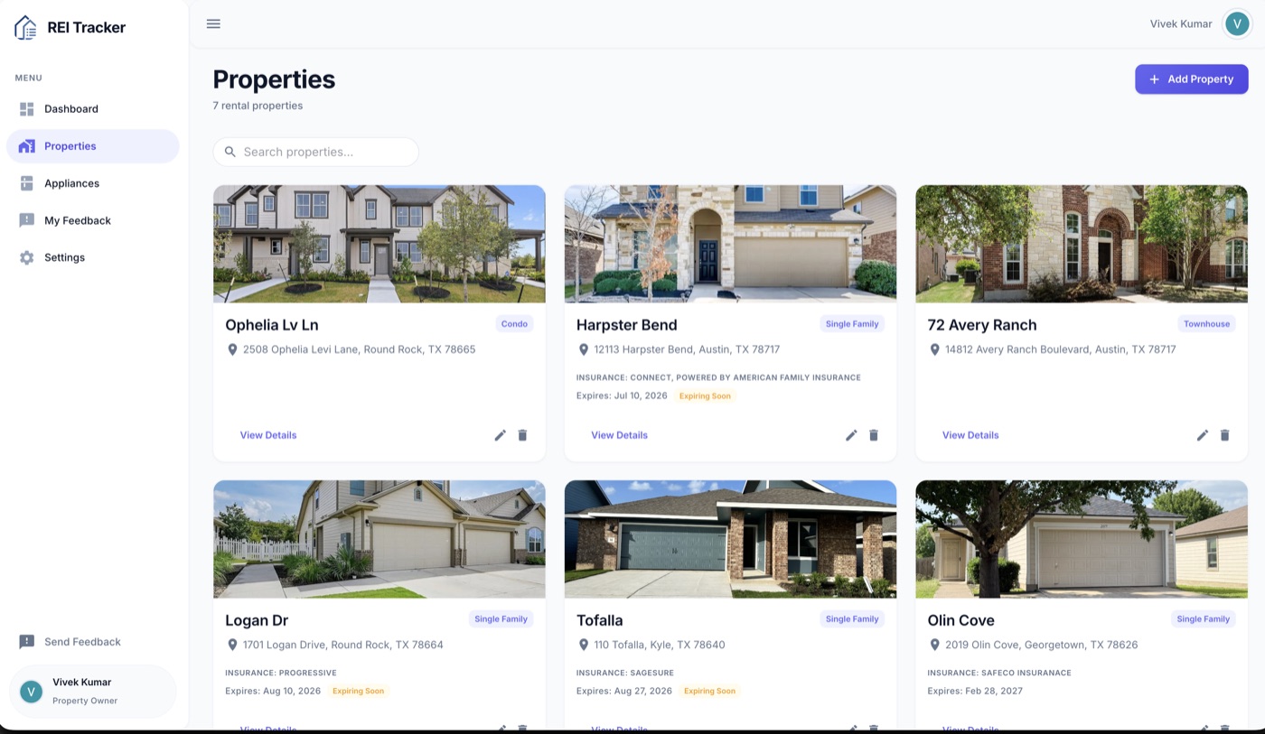 REI Tracker properties grid showing rental homes with photos and insurance status